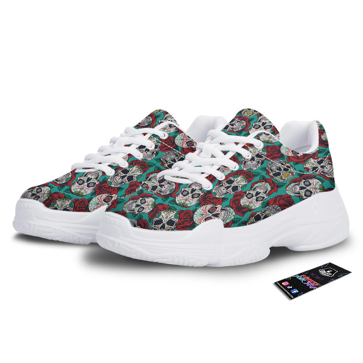 Sugar Skull Rose Flower Print Pattern White Chunky Shoes-grizzshop
