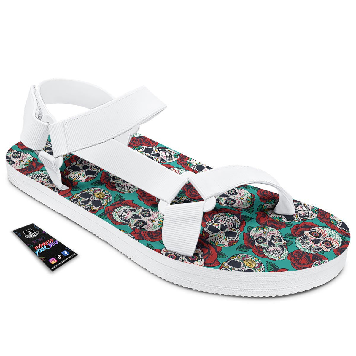 Sugar Skull Rose Flower Print Pattern White Open Toe Sandals-grizzshop