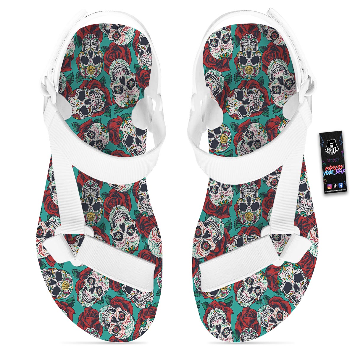 Sugar Skull Rose Flower Print Pattern White Open Toe Sandals-grizzshop