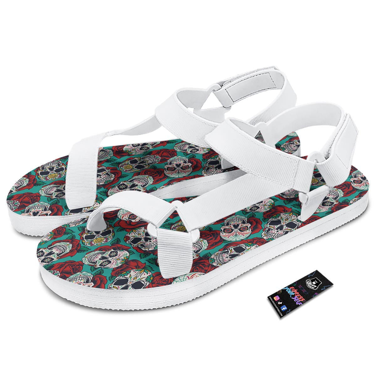 Sugar Skull Rose Flower Print Pattern White Open Toe Sandals-grizzshop