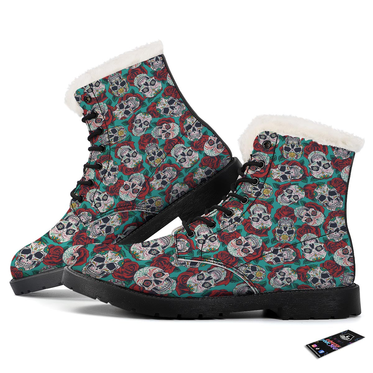 Sugar Skull Rose Flower Print Pattern Winter Boots-grizzshop