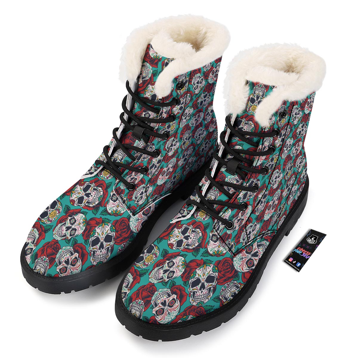 Sugar Skull Rose Flower Print Pattern Winter Boots-grizzshop