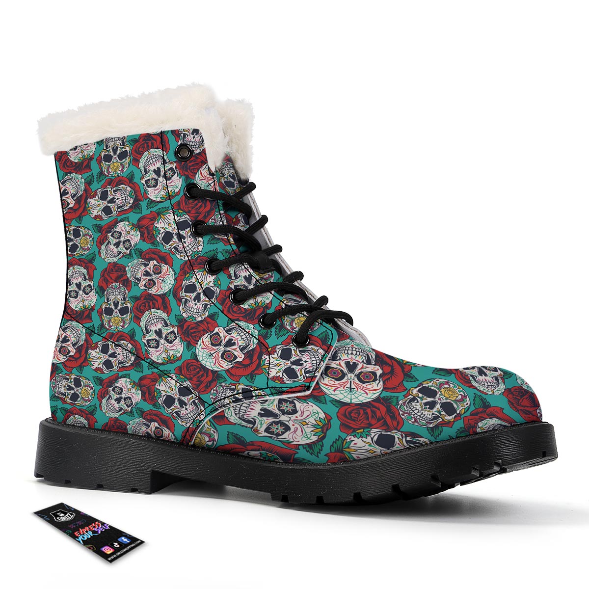 Sugar Skull Rose Flower Print Pattern Winter Boots-grizzshop