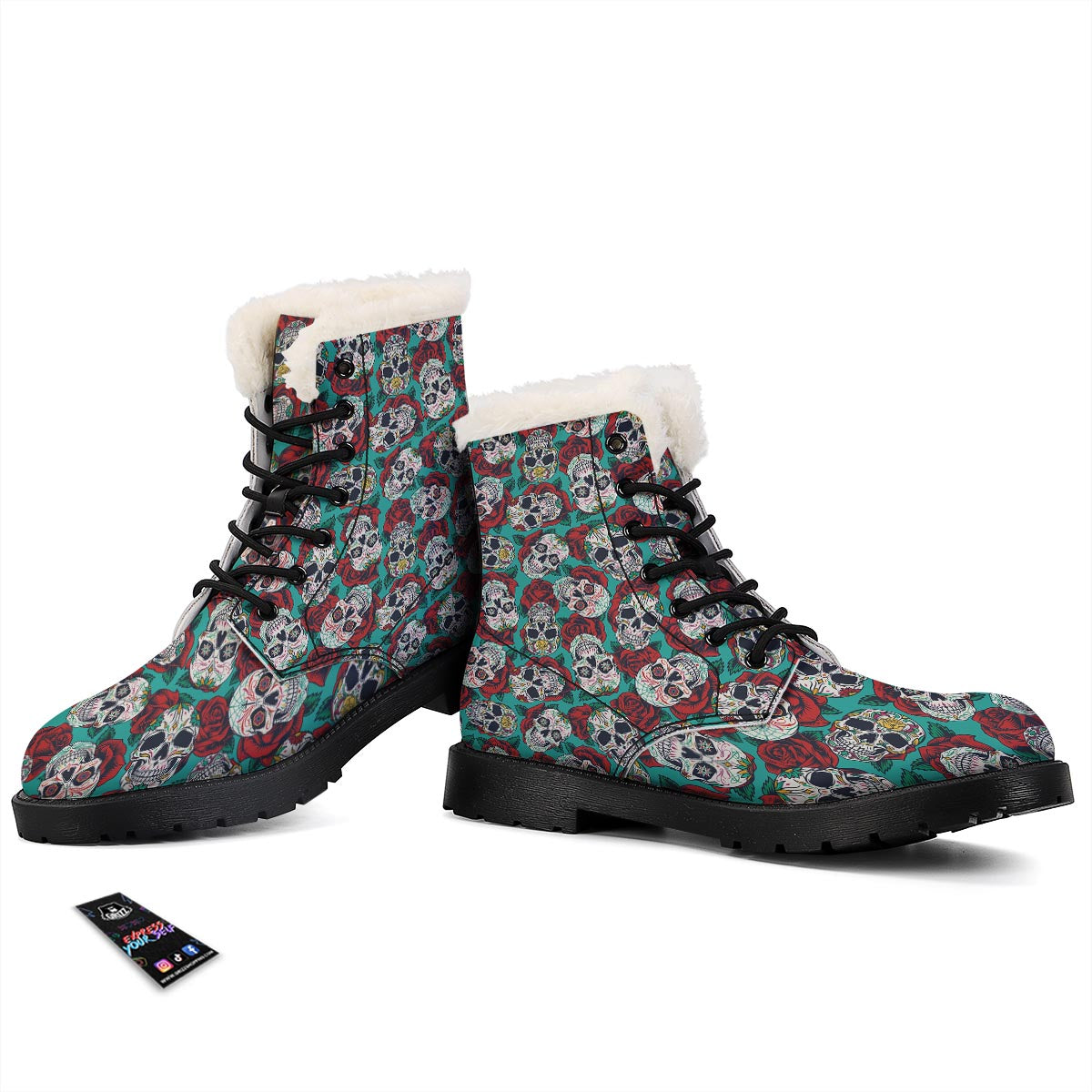 Sugar Skull Rose Flower Print Pattern Winter Boots-grizzshop