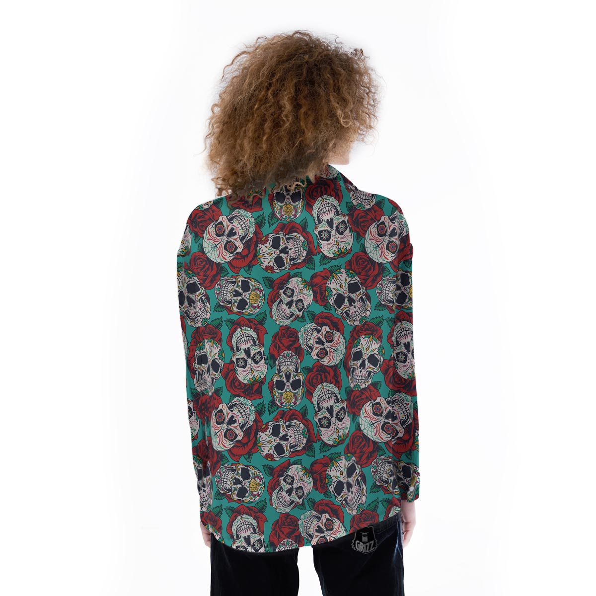 Sugar Skull Rose Flower Print Pattern Women's Long Sleeve Shirts-grizzshop