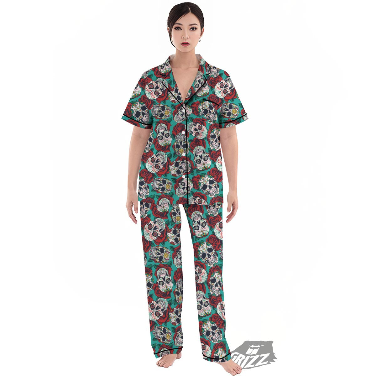 Sugar Skull Rose Flower Print Pattern Women's Pajamas Set-grizzshop