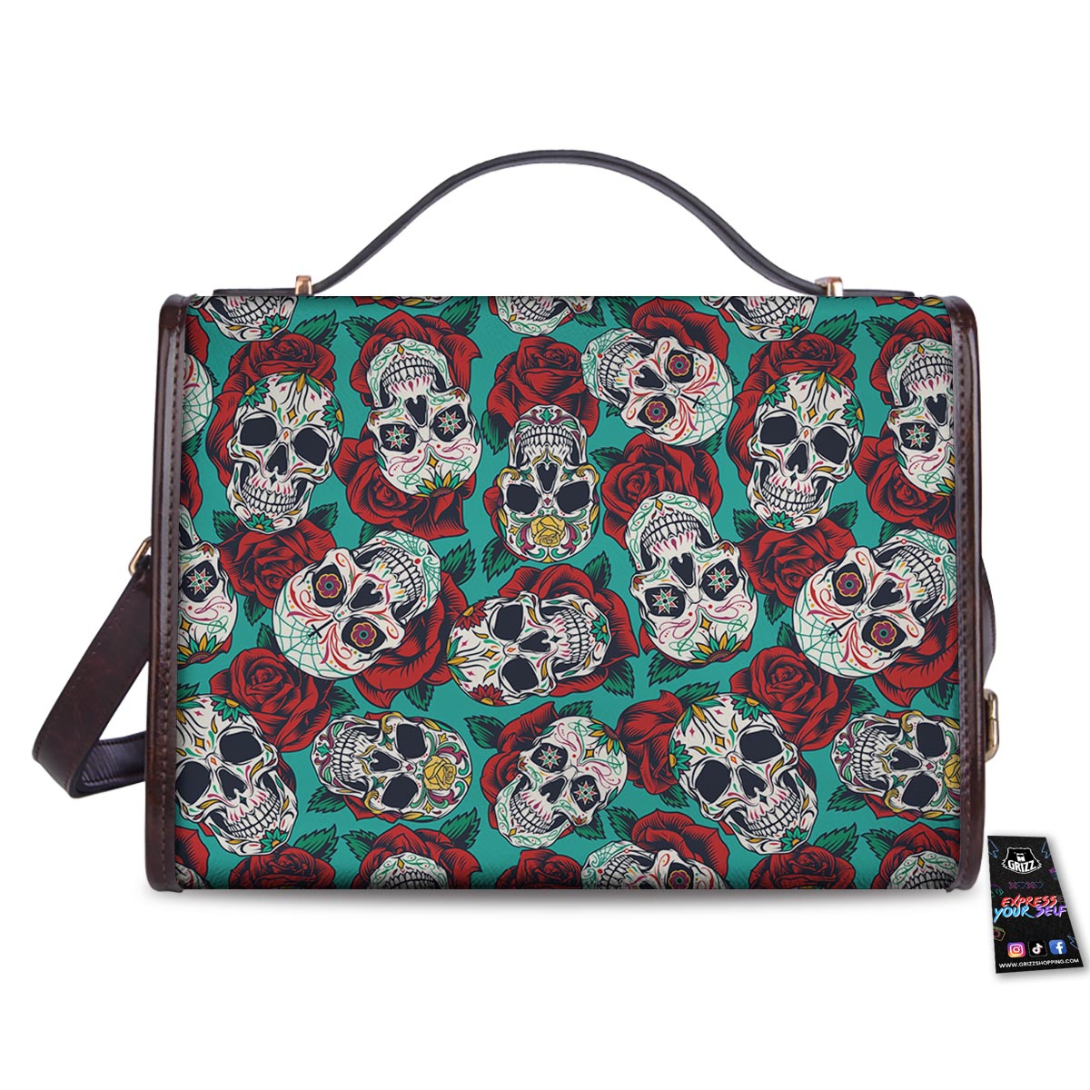Sugar Skull Rose Flower Print Pattern Women's Satchel Bag-grizzshop