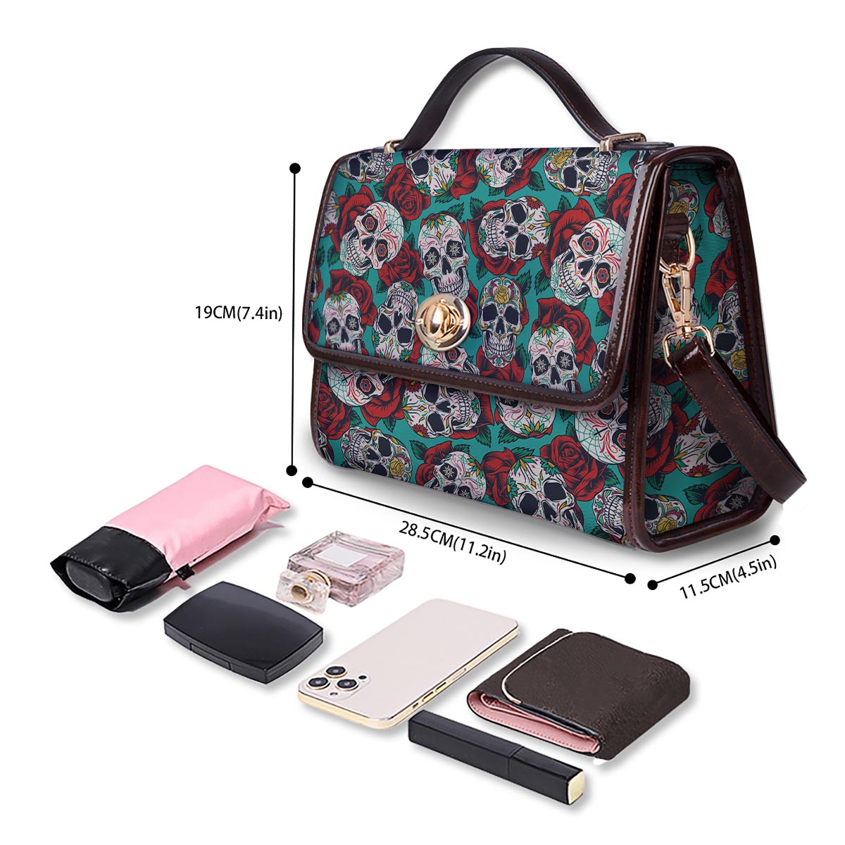 Sugar Skull Rose Flower Print Pattern Women's Satchel Bag-grizzshop