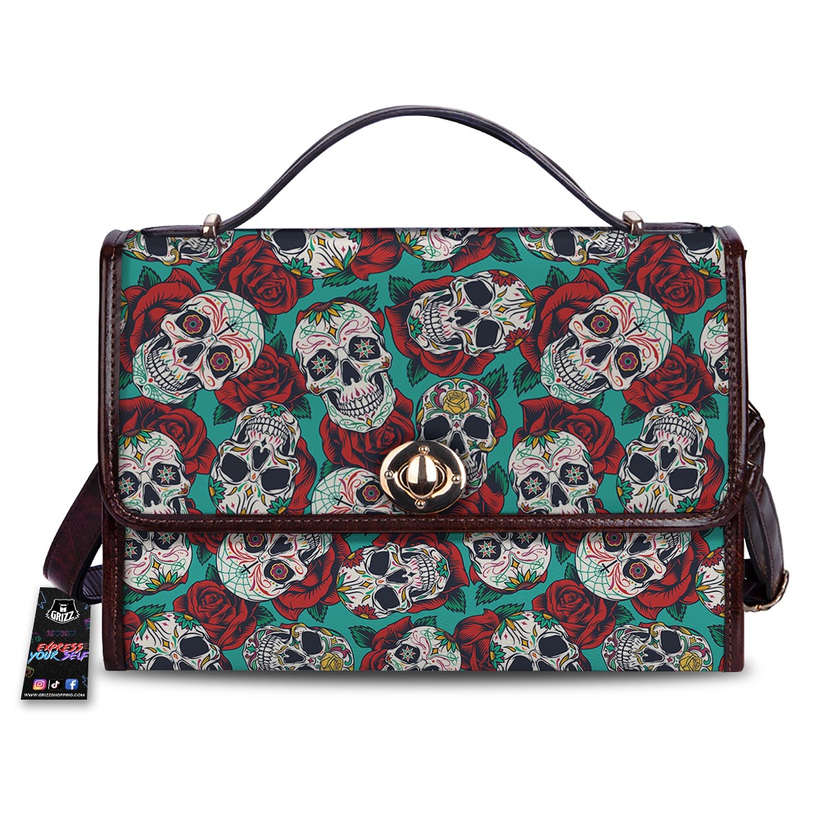 Sugar Skull Rose Flower Print Pattern Women's Satchel Bag-grizzshop