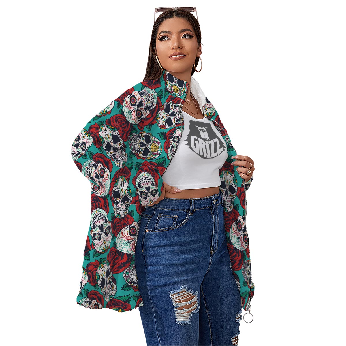 Sugar Skull Rose Flower Print Pattern Women's Sherpa Jacket-grizzshop