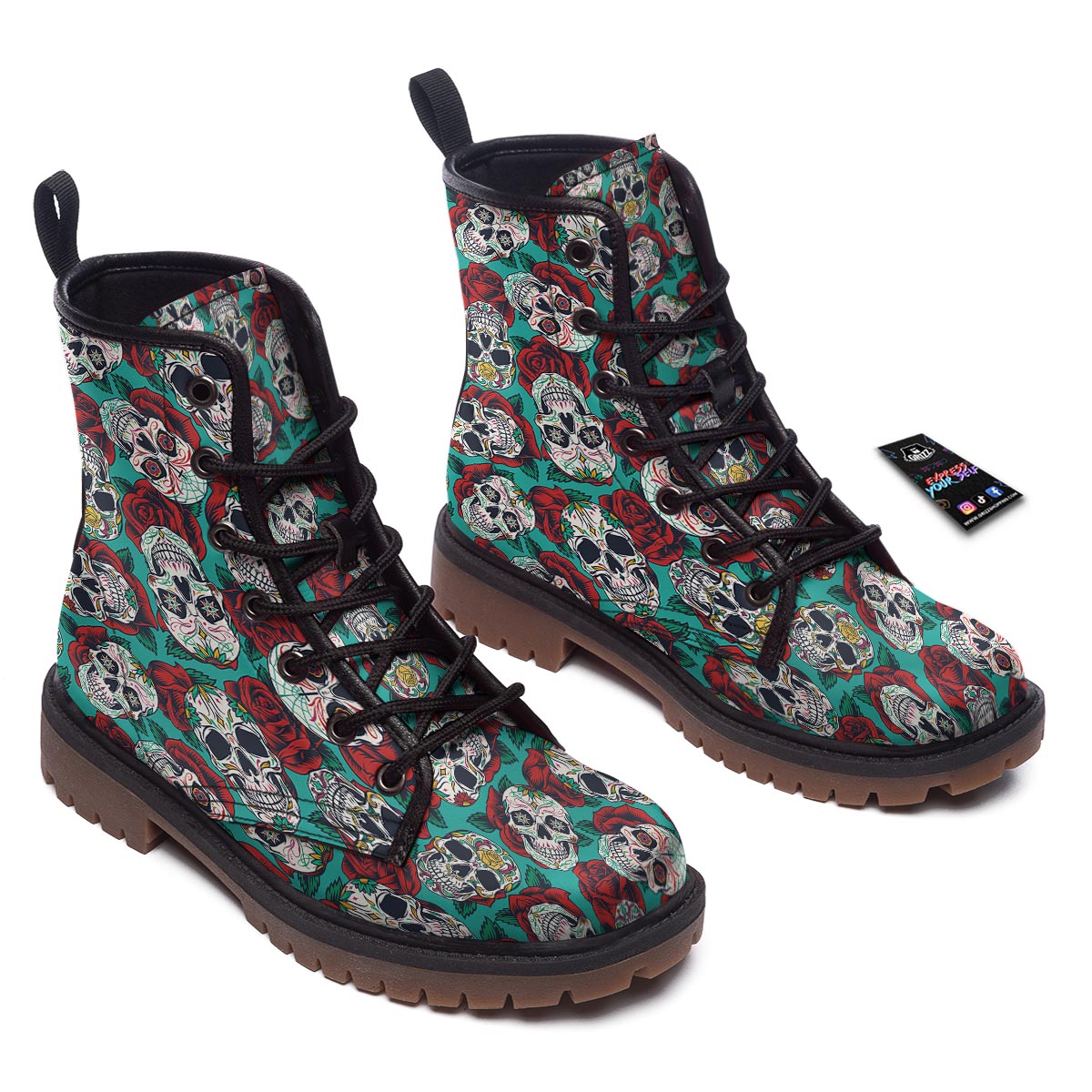 Sugar Skull Rose Flower Print Pattern Work Boots-grizzshop