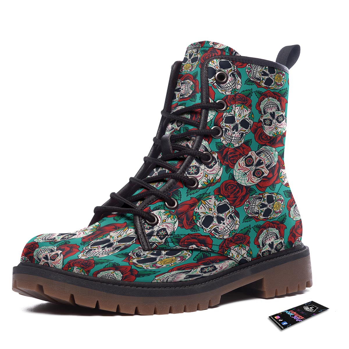 Sugar Skull Rose Flower Print Pattern Work Boots-grizzshop