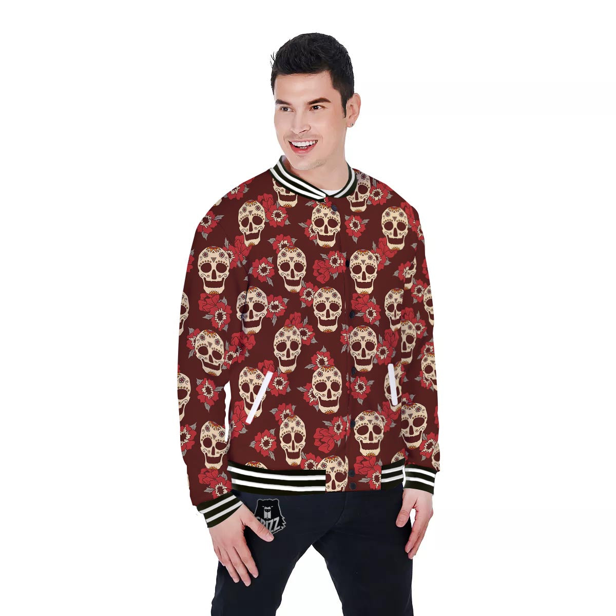 Sugar Skull Rose Print Pattern Baseball Jacket-grizzshop