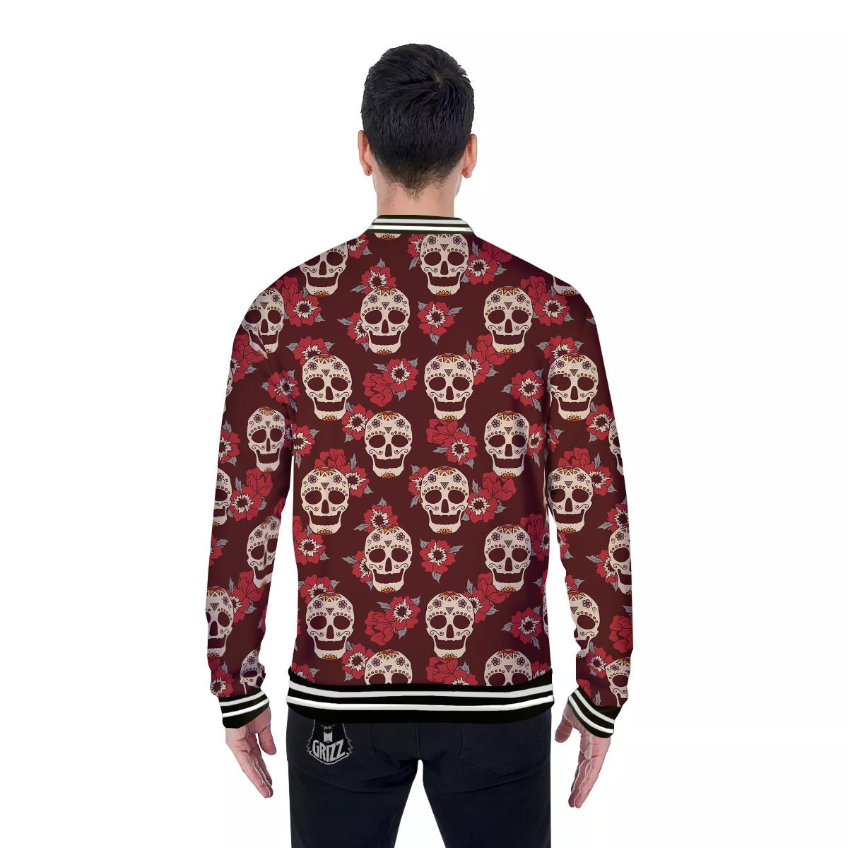 Sugar Skull Rose Print Pattern Baseball Jacket-grizzshop