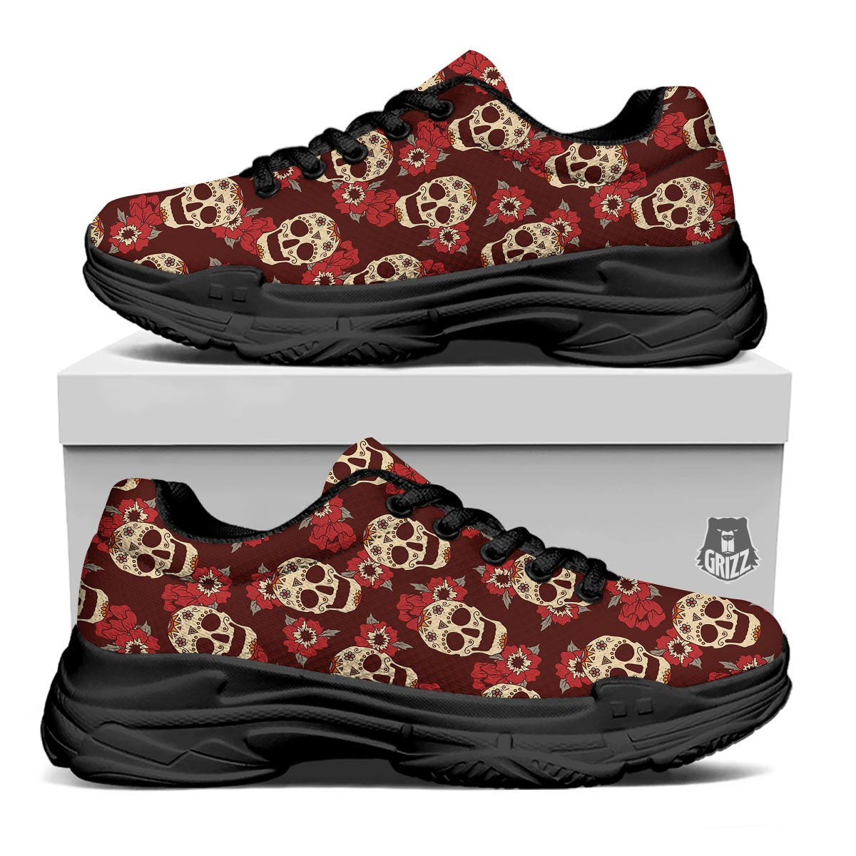 Sugar Skull Rose Print Pattern Black Chunky Shoes-grizzshop