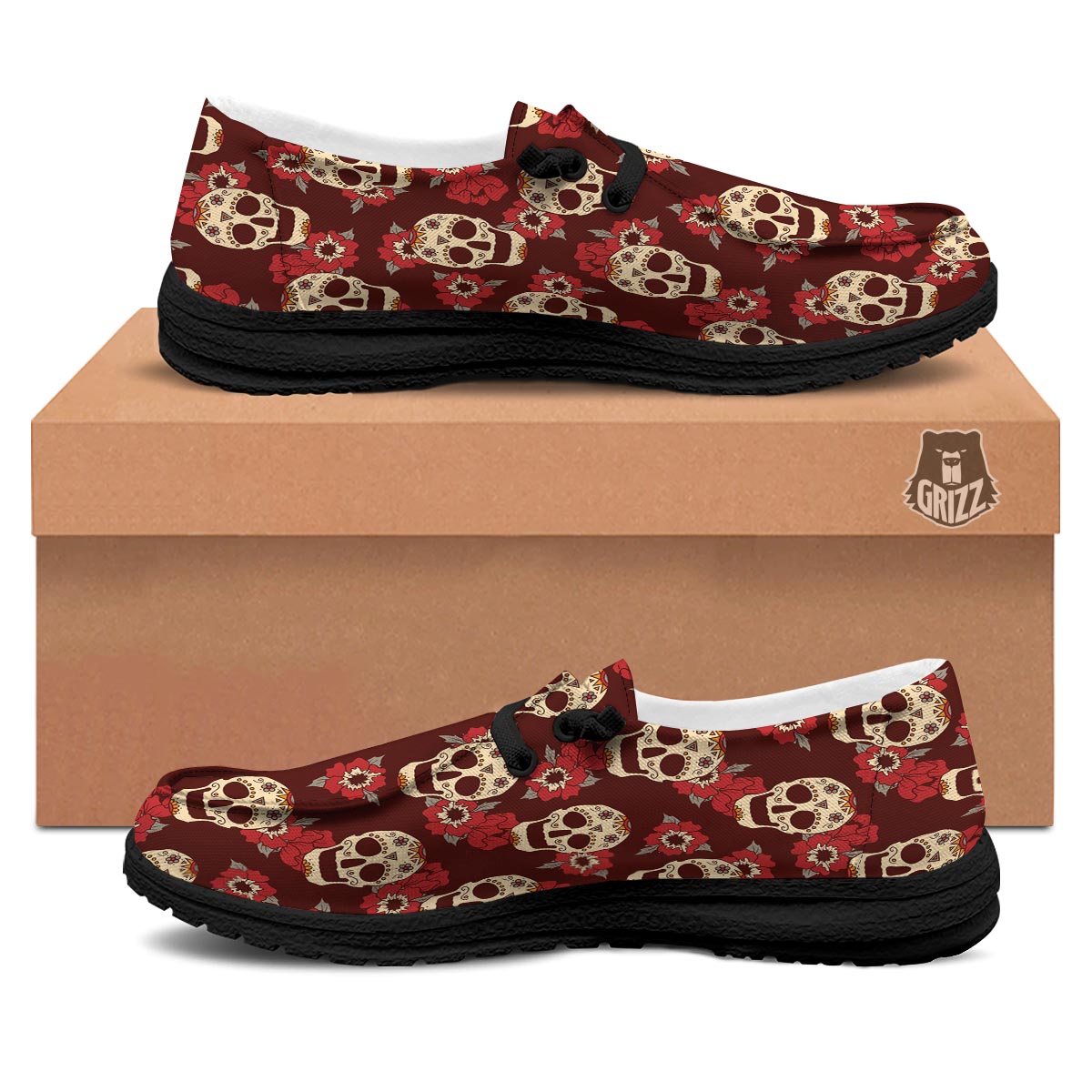 Sugar Skull Rose Print Pattern Black Loafers-grizzshop