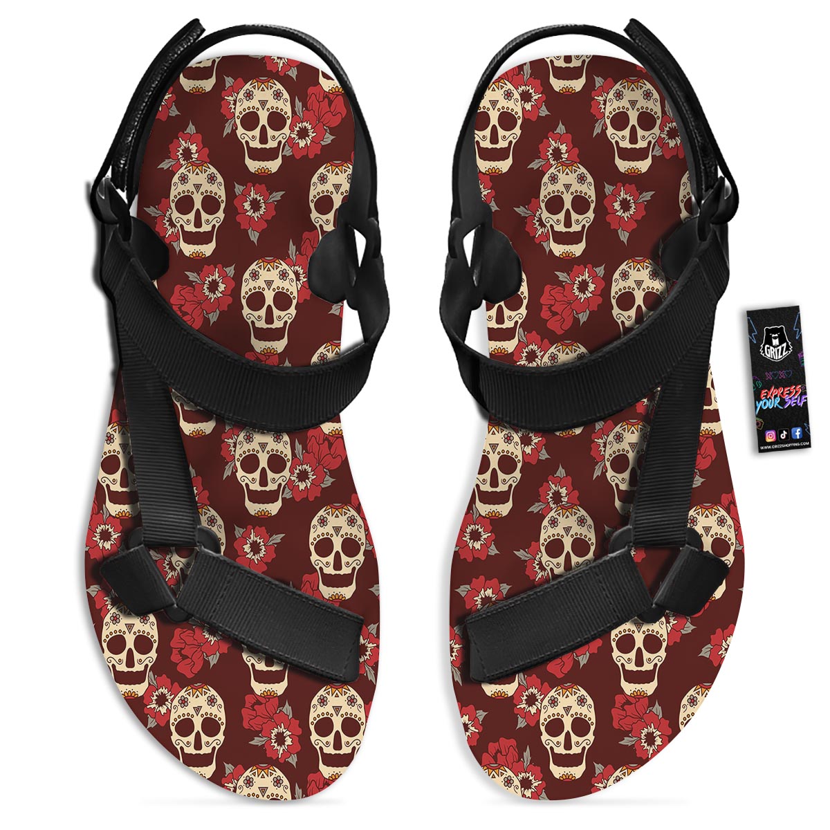 Sugar Skull Rose Print Pattern Black Open Toe Sandals-grizzshop