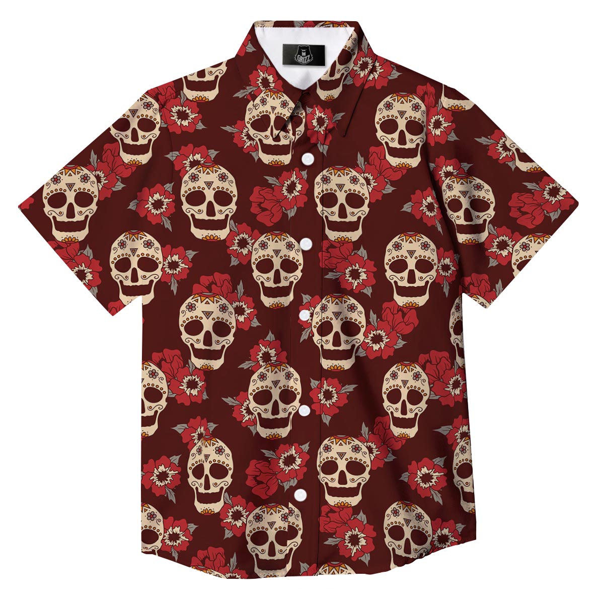 Sugar Skull Rose Print Pattern Button Up Shirt-grizzshop