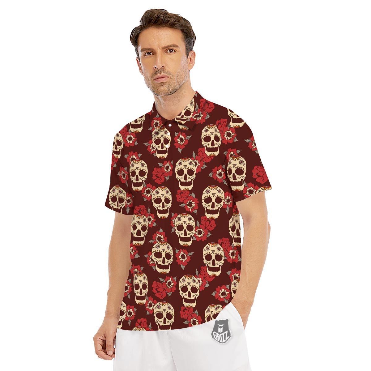 Sugar Skull Rose Print Pattern Men's Golf Shirts-grizzshop