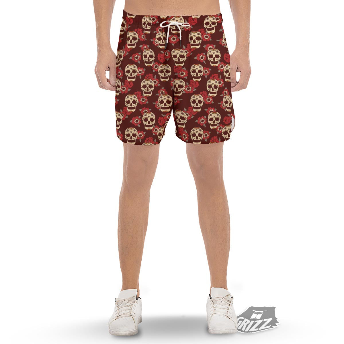 Sugar Skull Rose Print Pattern Men's Gym Shorts-grizzshop