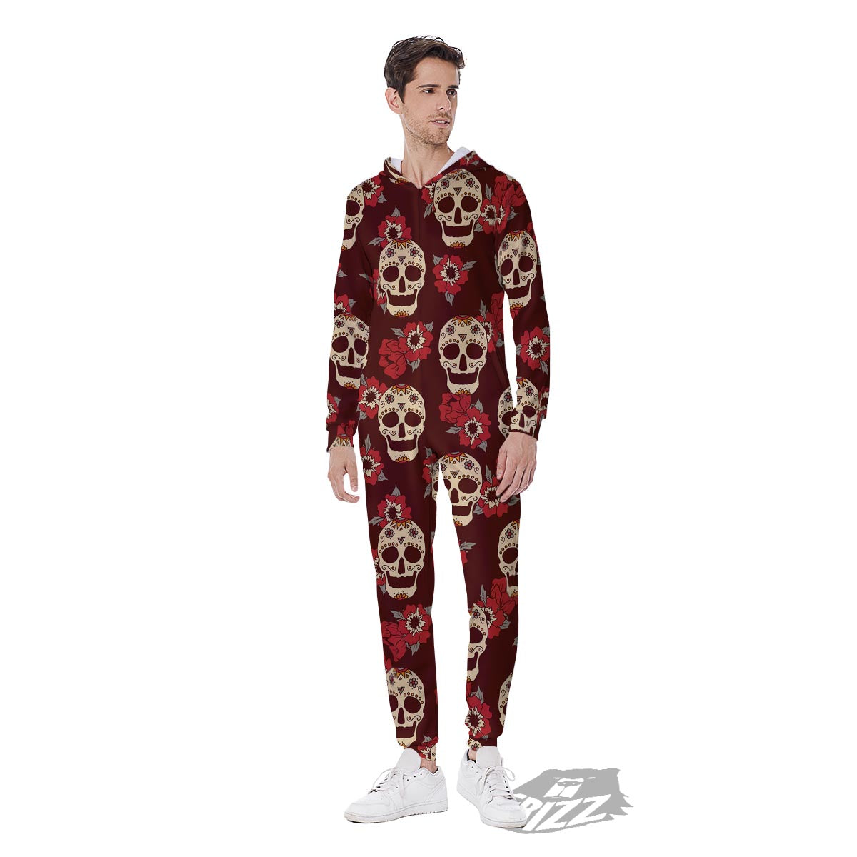 Sugar Skull Rose Print Pattern Men's Jumpsuit-grizzshop