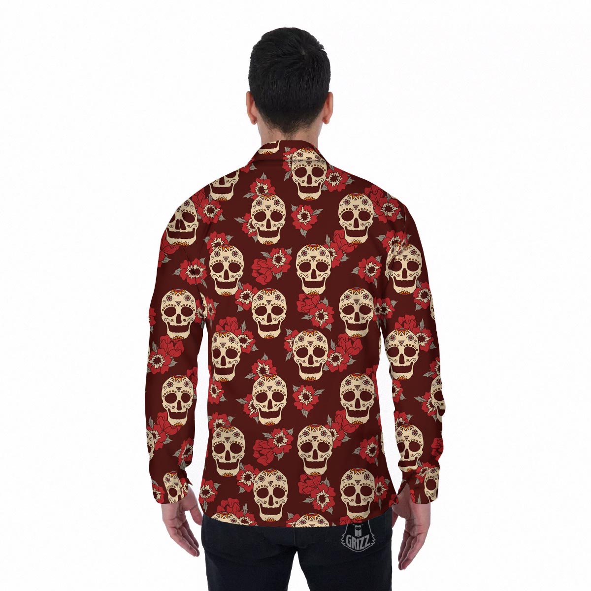 Sugar Skull Rose Print Pattern Men's Long Sleeve Shirts-grizzshop