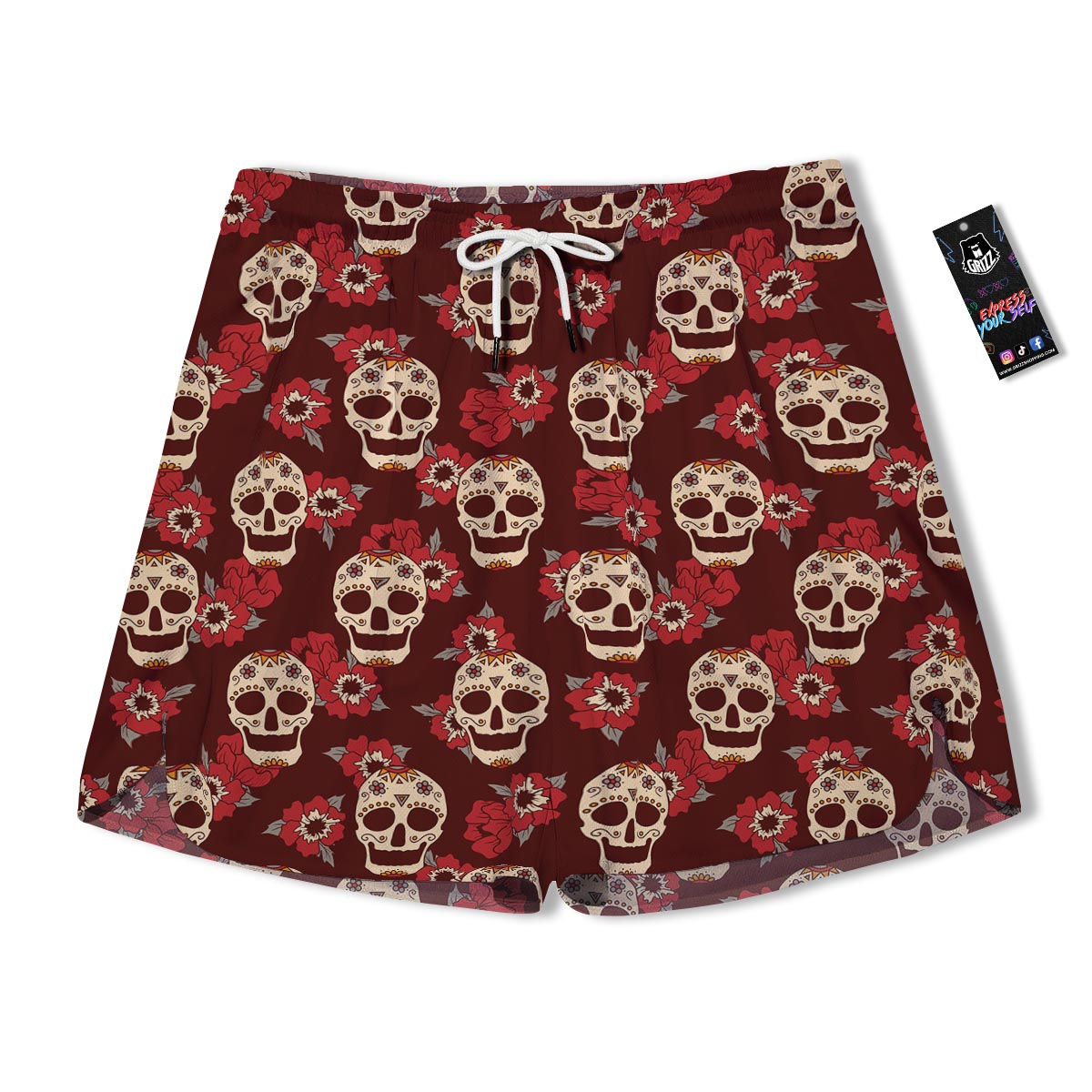 Sugar Skull Rose Print Pattern Men's Running Shorts-grizzshop