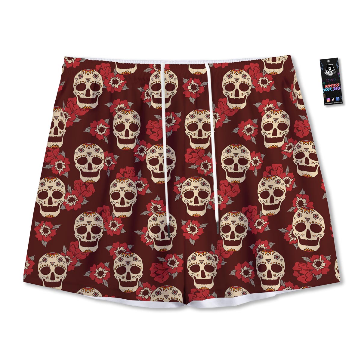 Sugar Skull Rose Print Pattern Mesh Shorts