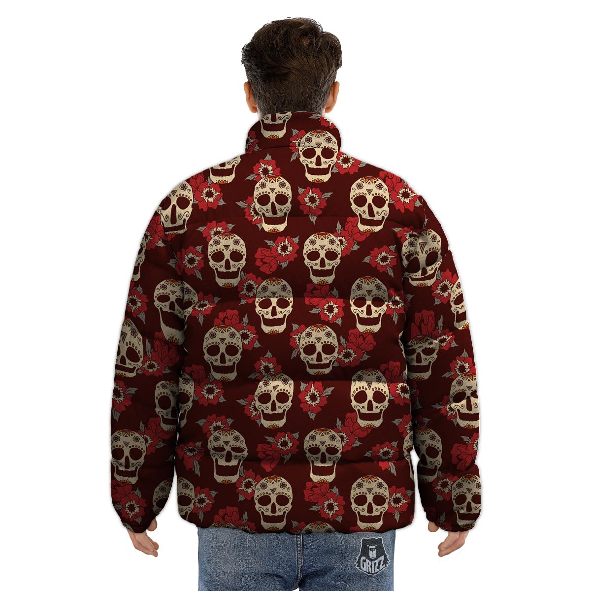 Sugar Skull Rose Print Pattern Puffer Jacket-grizzshop