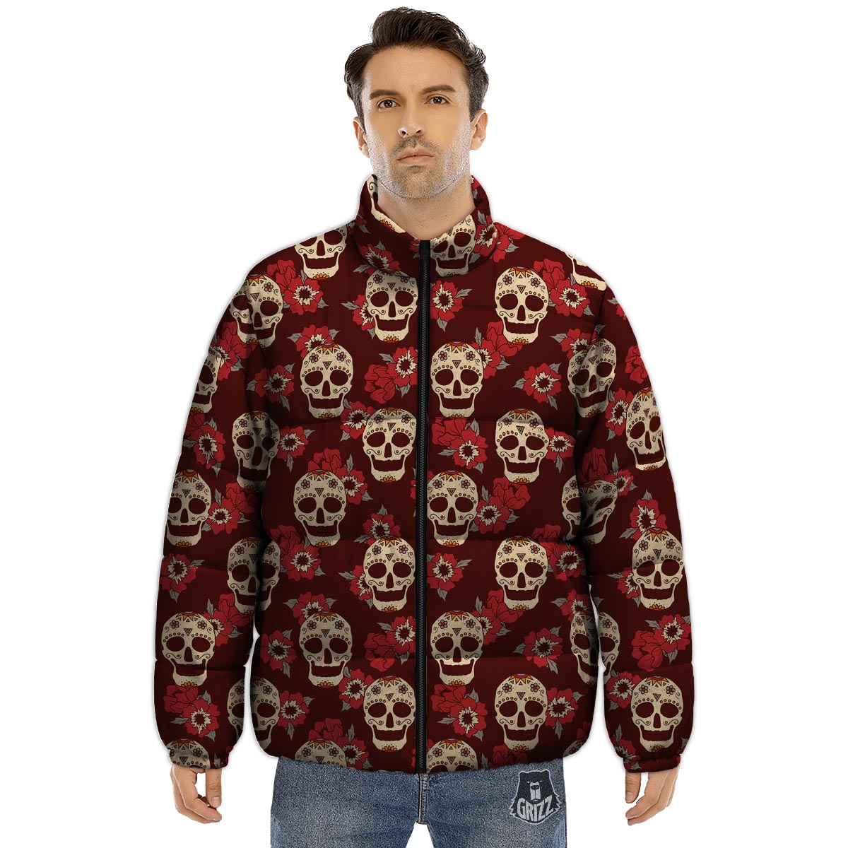 Sugar Skull Rose Print Pattern Puffer Jacket-grizzshop