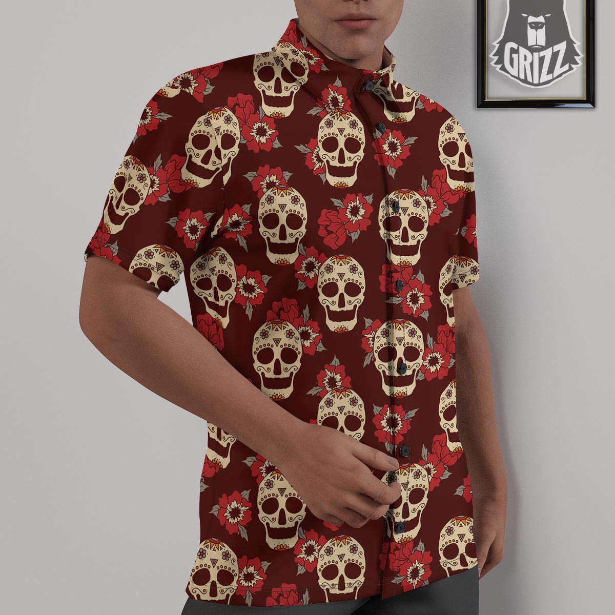 Sugar Skull Rose Print Pattern Untucked Shirts-grizzshop