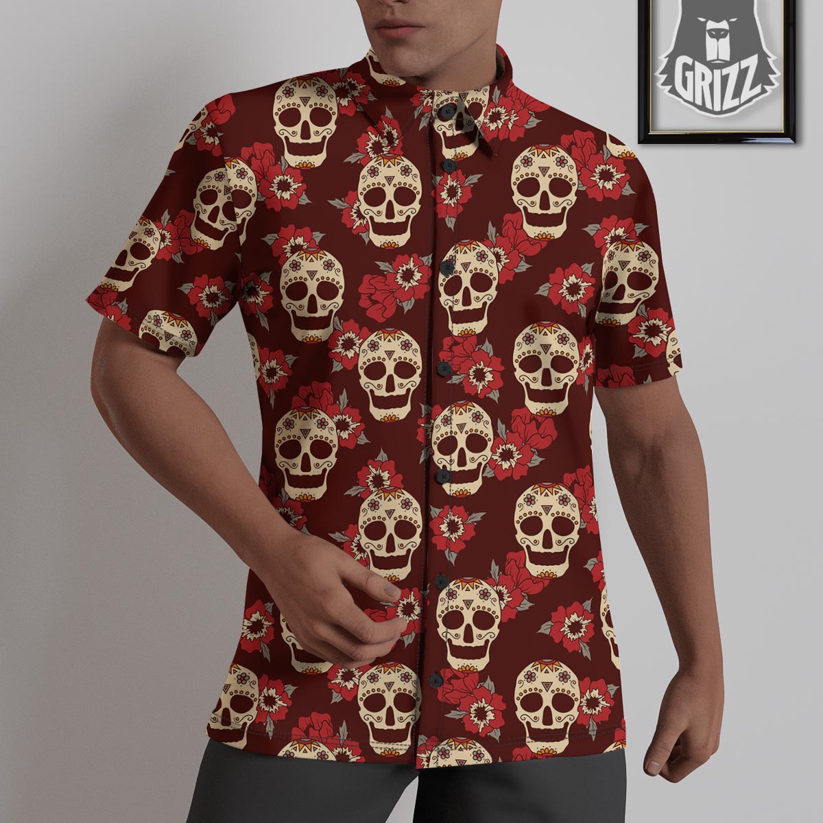 Sugar Skull Rose Print Pattern Untucked Shirts-grizzshop