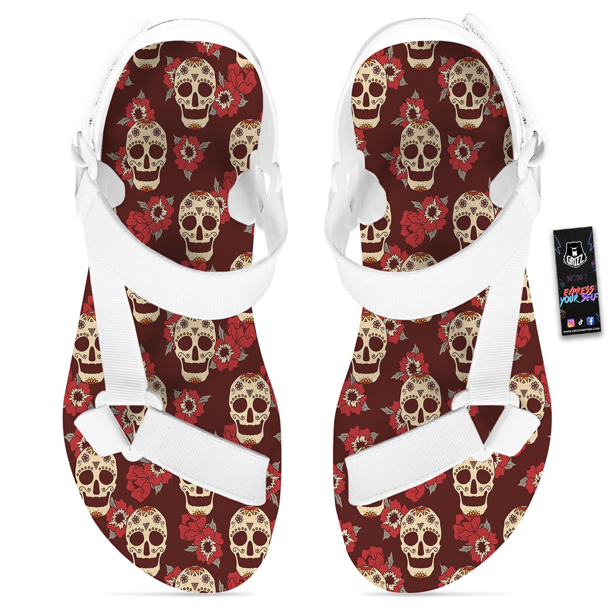 Sugar Skull Rose Print Pattern White Open Toe Sandals-grizzshop