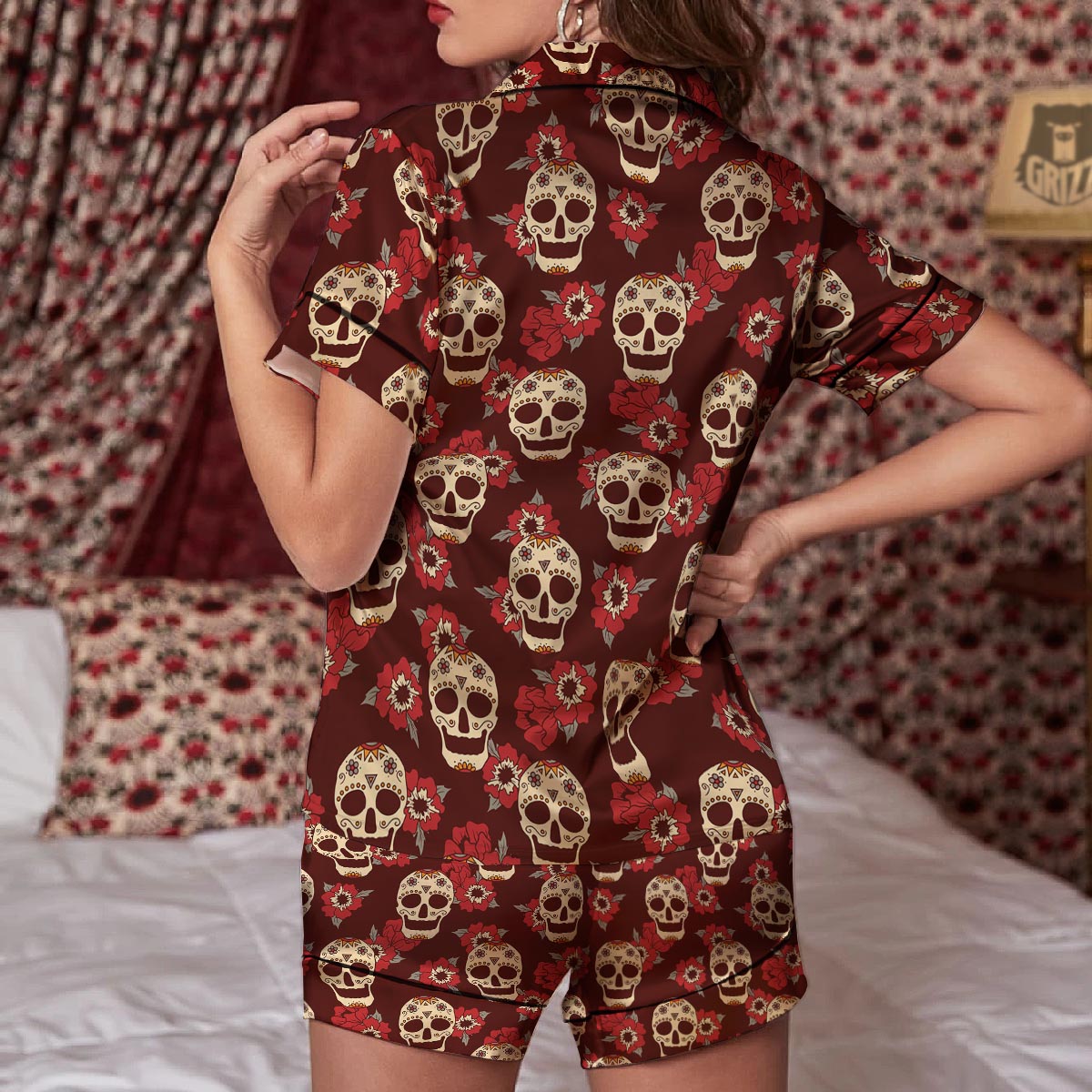 Sugar Skull Rose Print Pattern Women Silk Pajamas-grizzshop