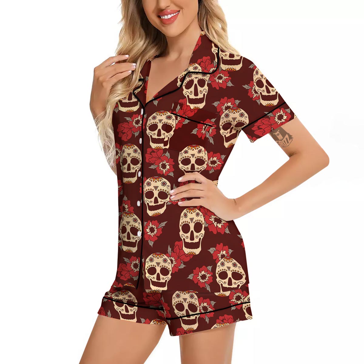 Sugar Skull Rose Print Pattern Women Silk Pajamas-grizzshop