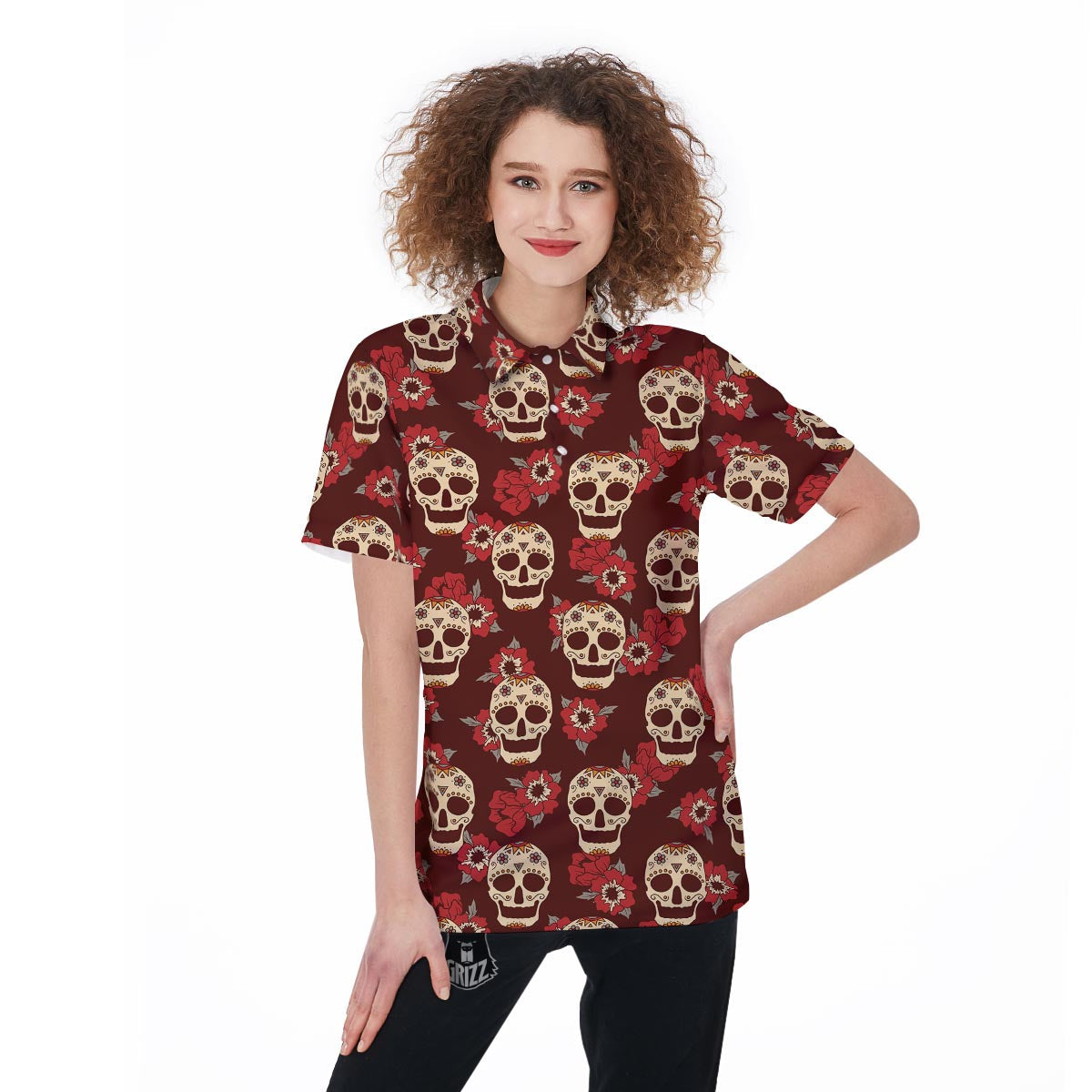 Sugar Skull Rose Print Pattern Women's Golf Shirts-grizzshop