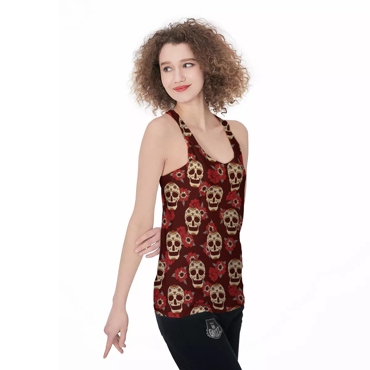 Sugar Skull Rose Print Pattern Women's Racerback Tank Top-grizzshop