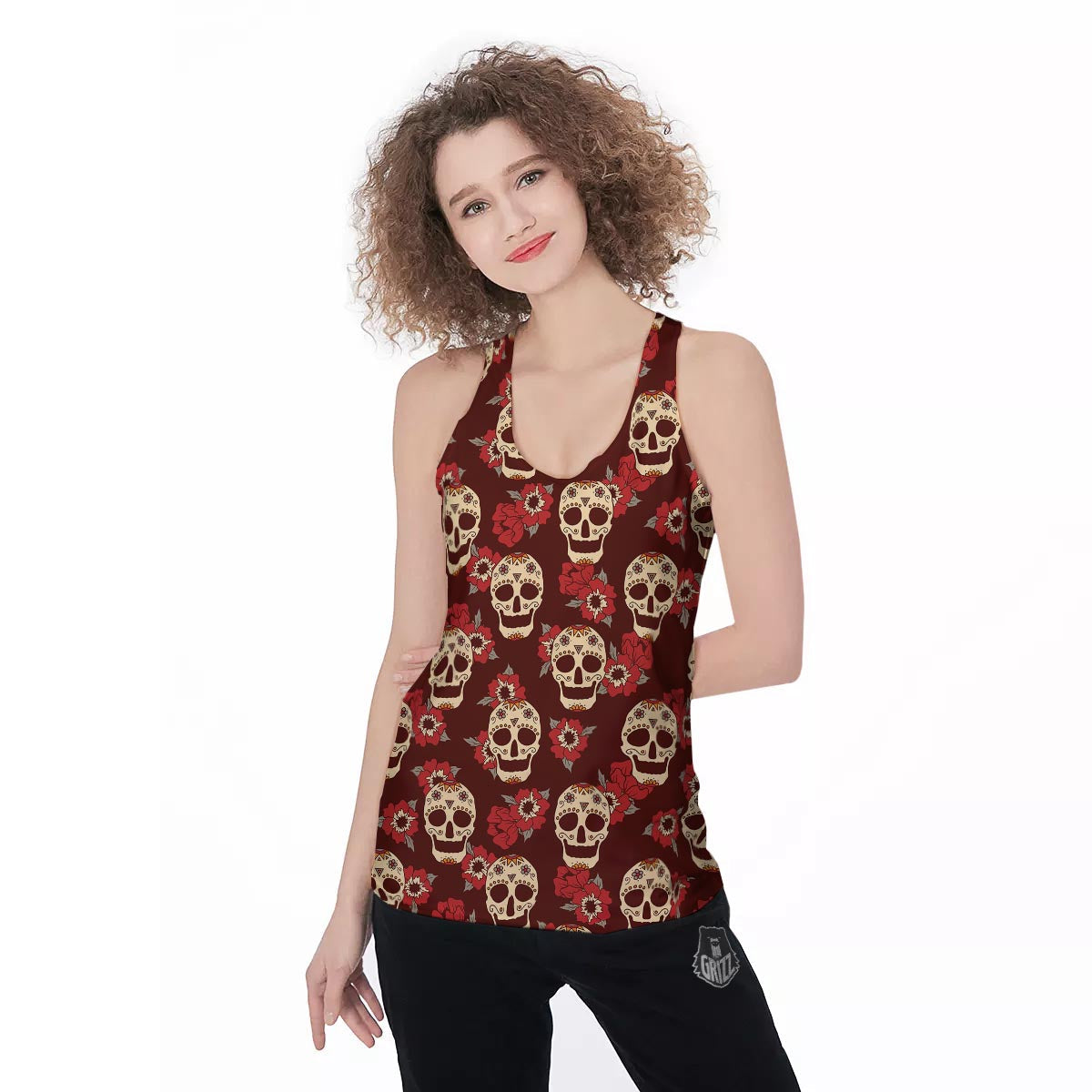Sugar Skull Rose Print Pattern Women's Racerback Tank Top-grizzshop