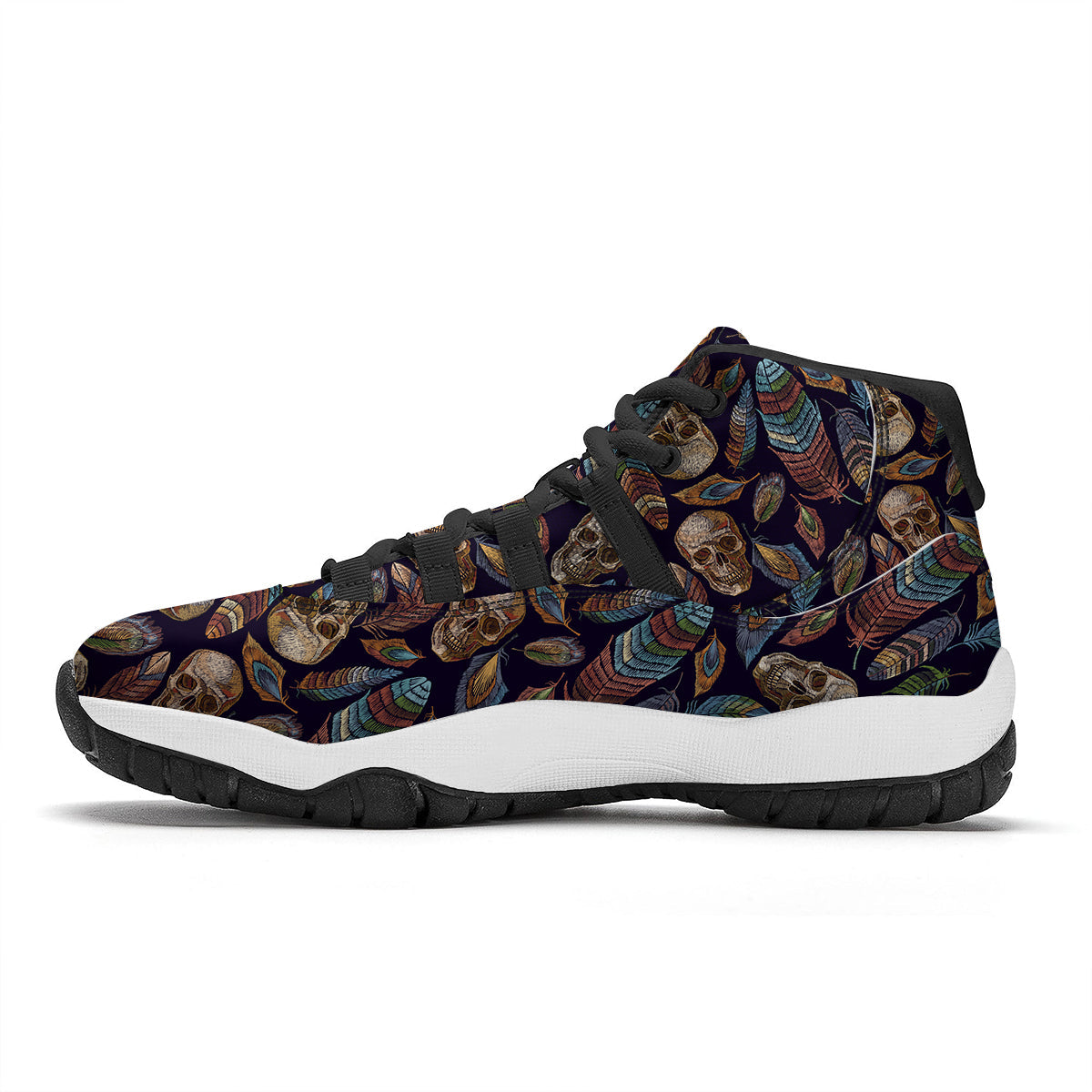 Sugar Skull Skeleton Girly Feather Boho Pattern Print Black Bball Shoes-grizzshop