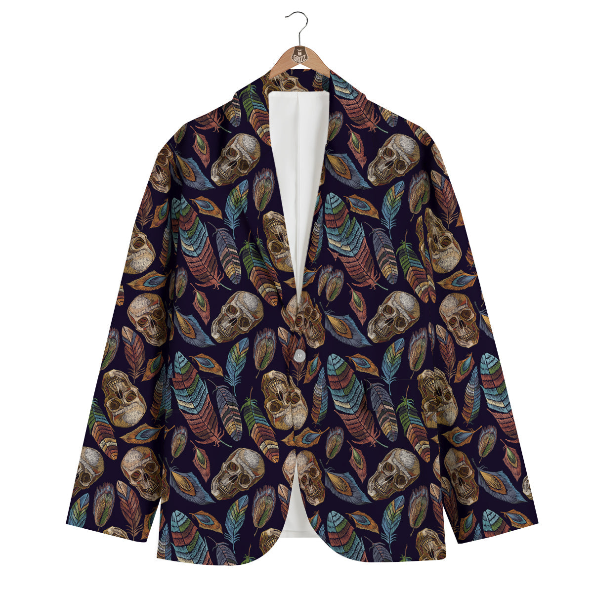 Sugar Skull Skeleton Girly Feather Boho Pattern Print Men's Blazer-grizzshop