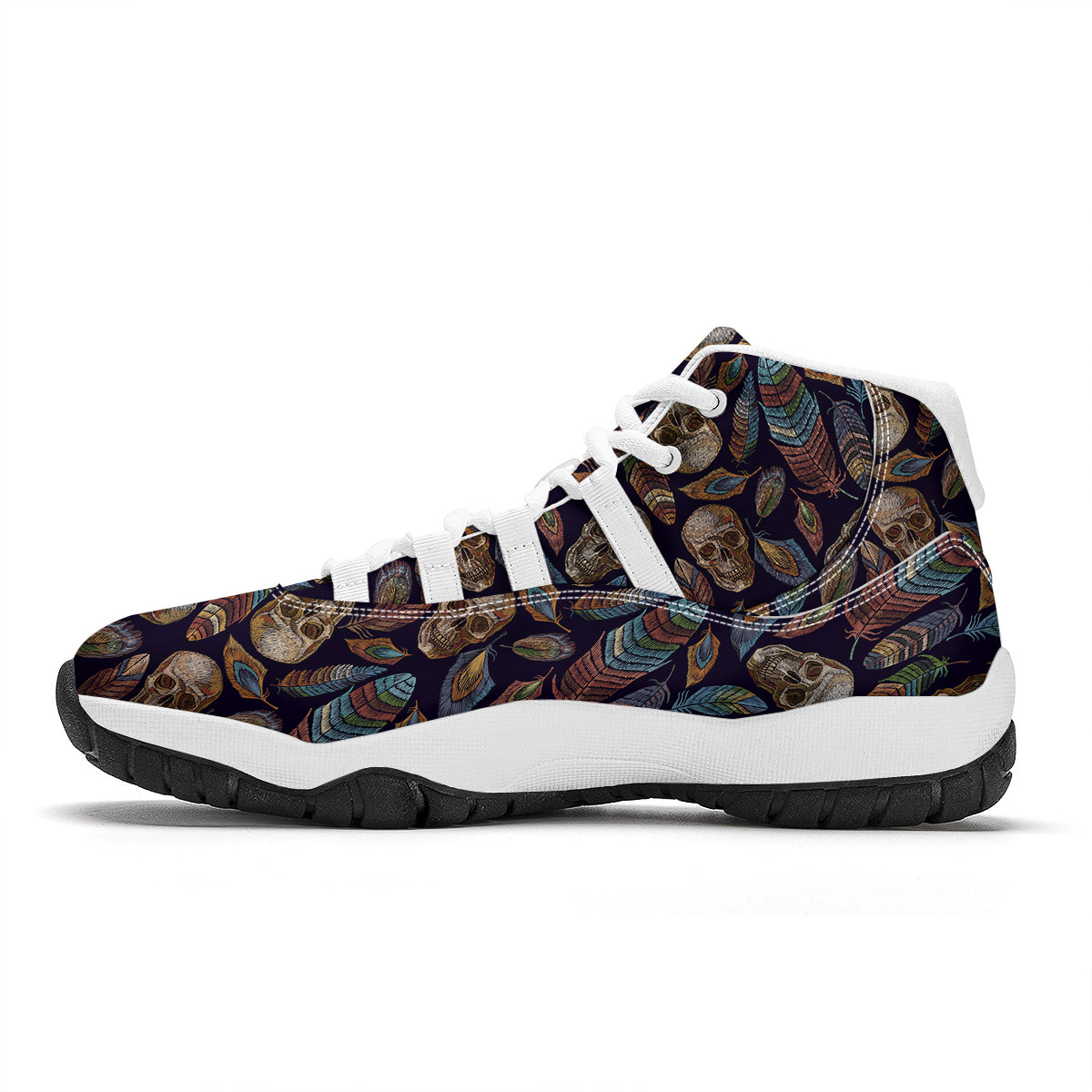 Sugar Skull Skeleton Girly Feather Boho Pattern Print White Bball Shoes-grizzshop