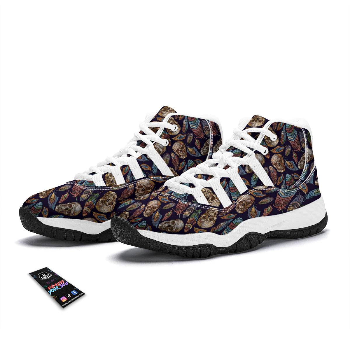 Sugar Skull Skeleton Girly Feather Boho Pattern Print White Bball Shoes-grizzshop