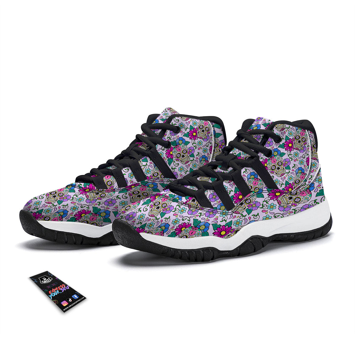 Sugar Skull Skeleton Girly Floral Pattern Print Black Bball Shoes-grizzshop