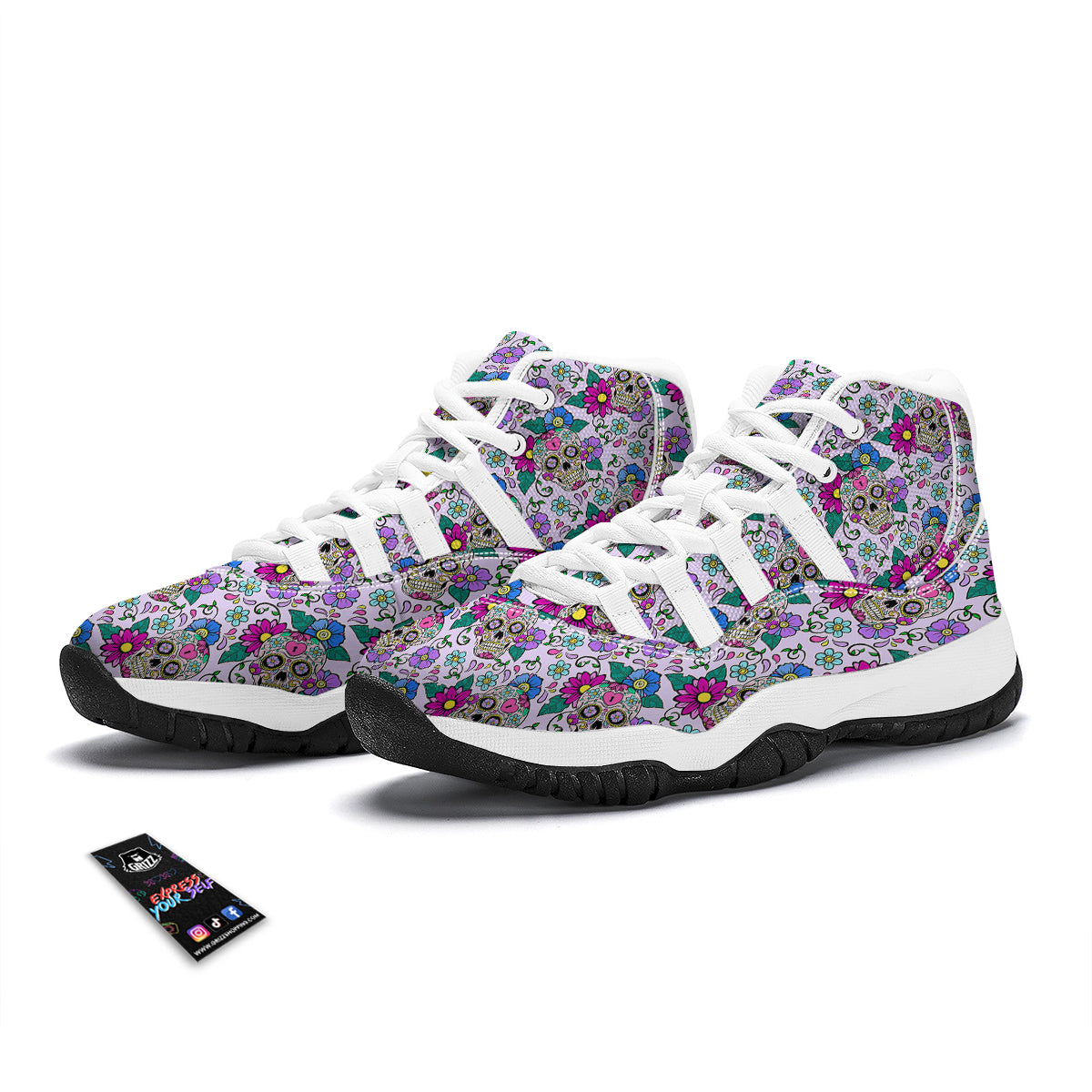 Sugar Skull Skeleton Girly Floral Pattern Print White Bball Shoes-grizzshop