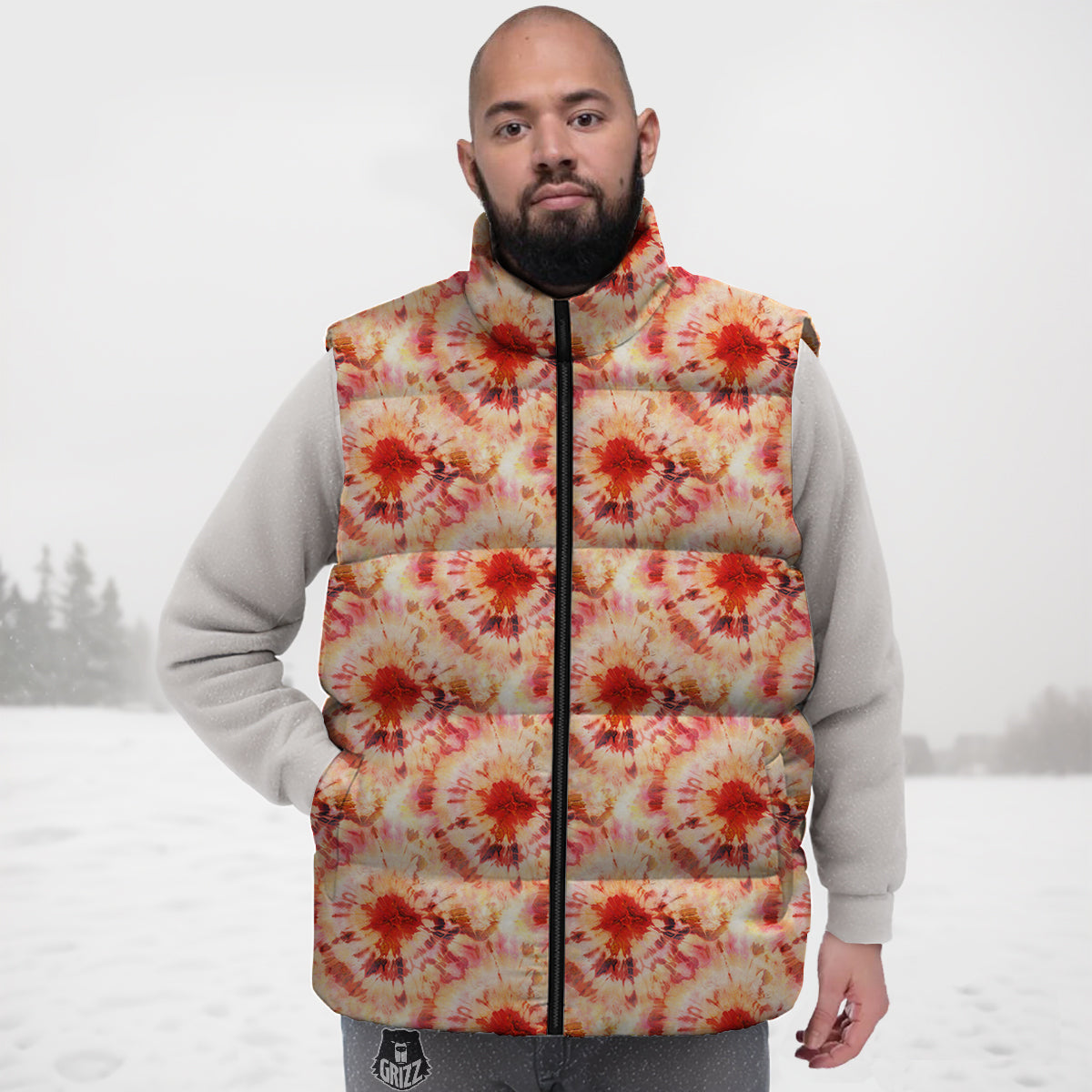 Tie Dye Orange And Red Color Print Down Vest