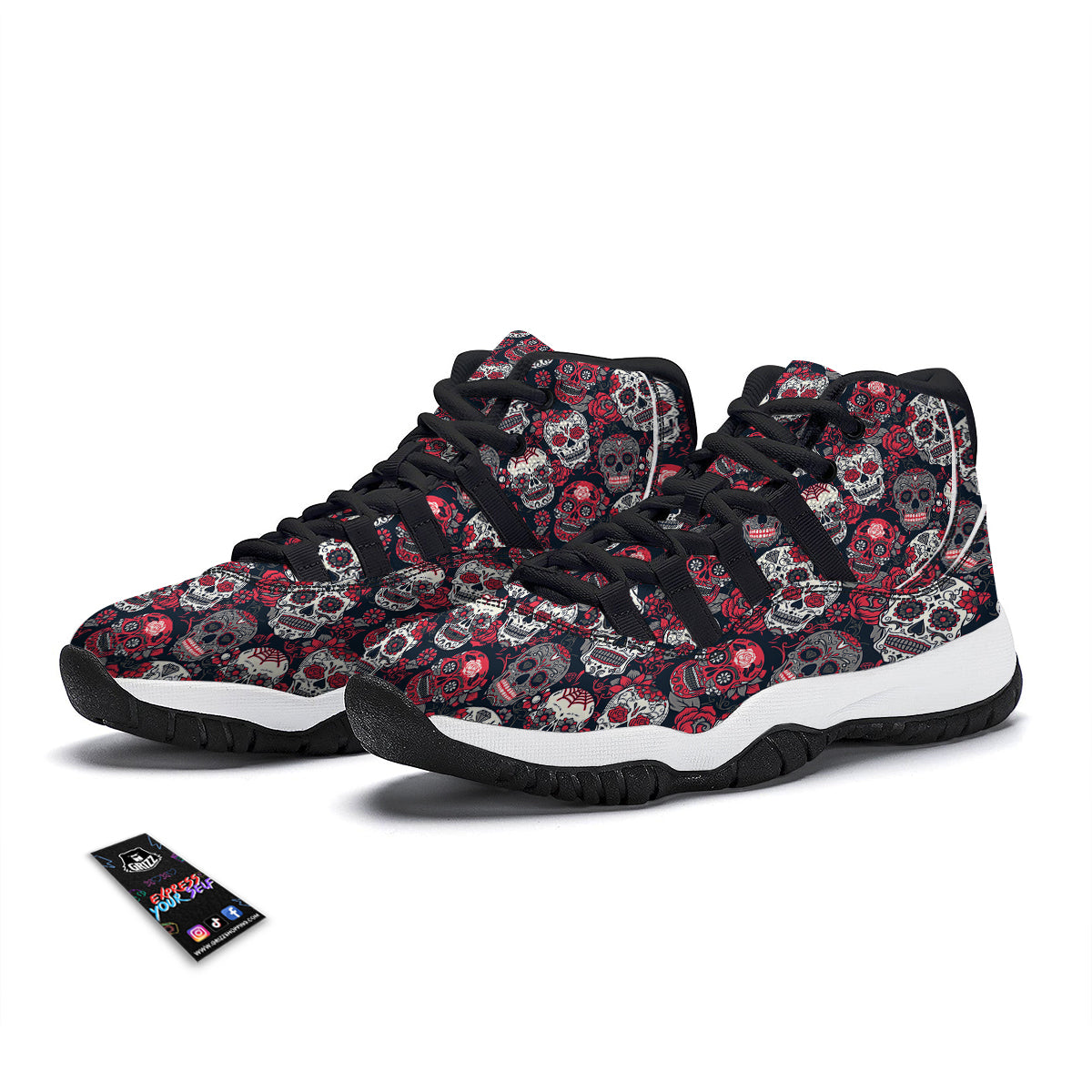 Sugar Skull Skeleton Girly Rose Floral Pattern Print Black Bball Shoes-grizzshop