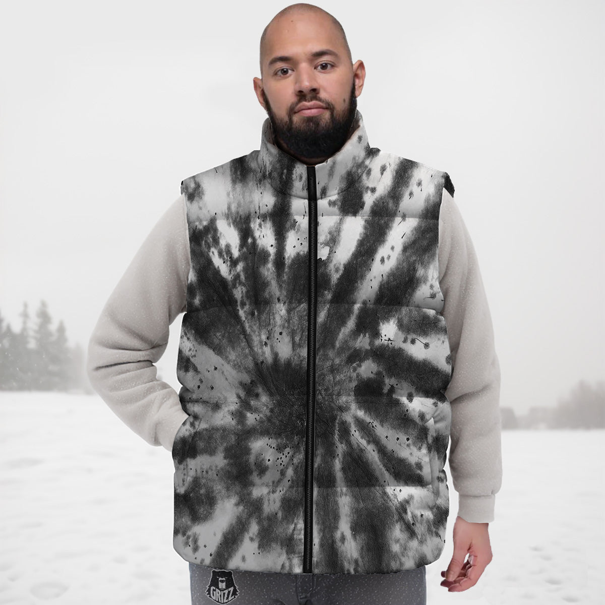 Tie Dye Black White Print Pattern Down Vest