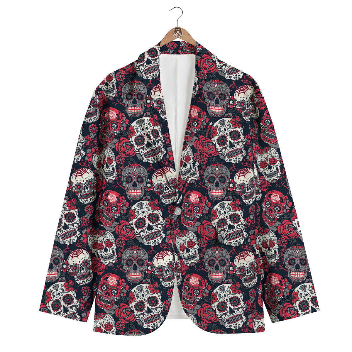 Sugar Skull Skeleton Girly Rose Floral Pattern Print Men's Blazer-grizzshop