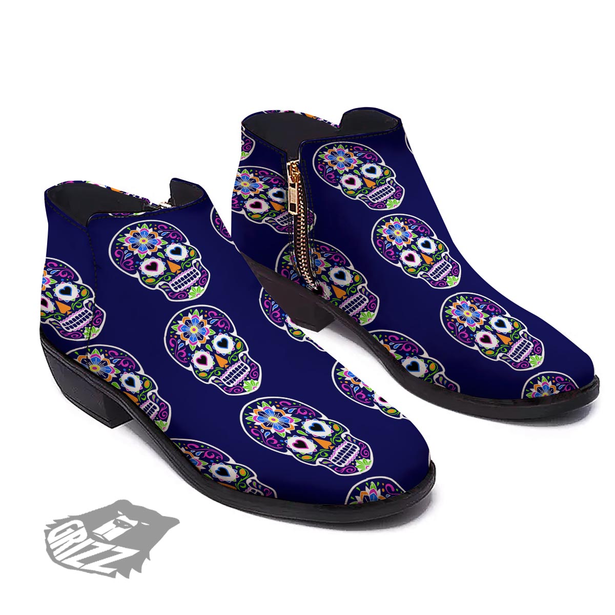 Sugar Skull Teal Pink Print Pattern Ankle Boots-grizzshop