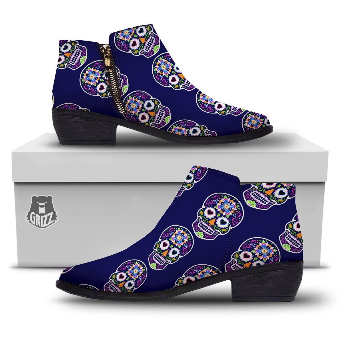 Sugar Skull Teal Pink Print Pattern Ankle Boots-grizzshop